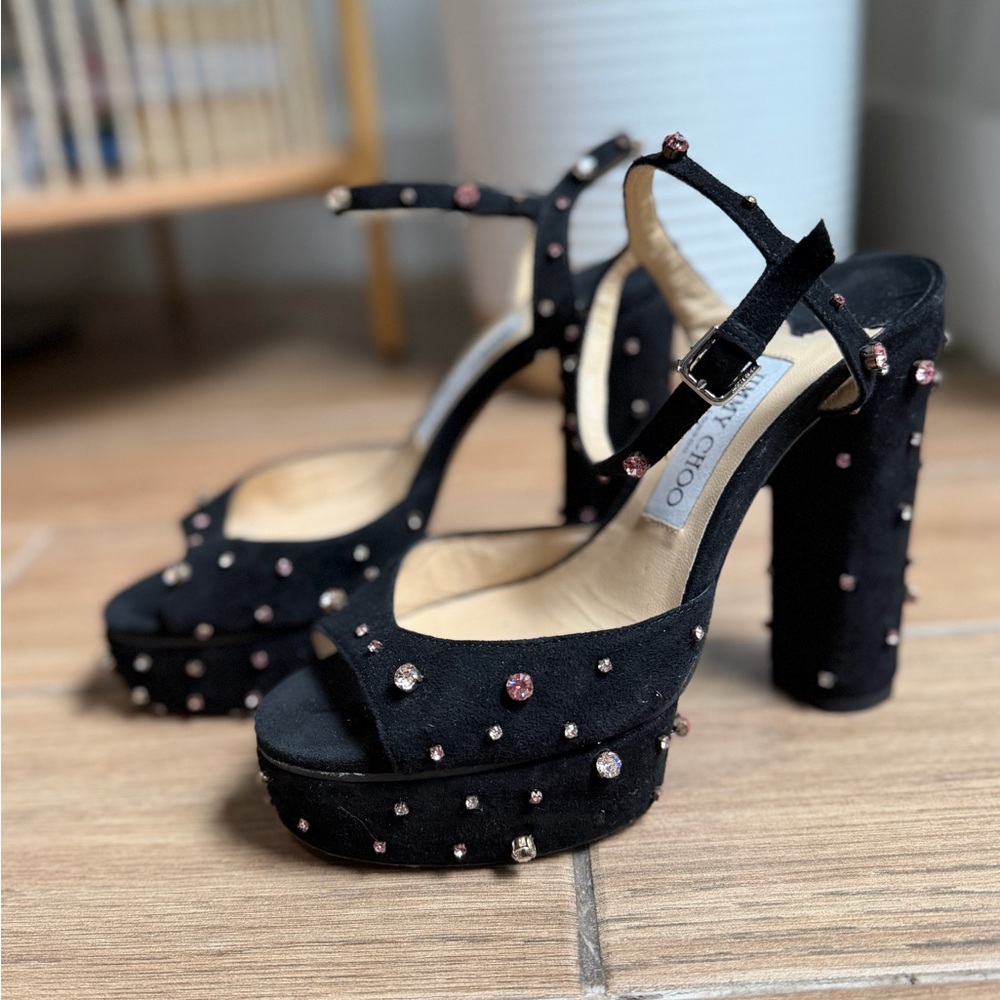 Jimmy Choo Black Suede Rhinestone Heels Platform Ankle Strap Pink Crystal